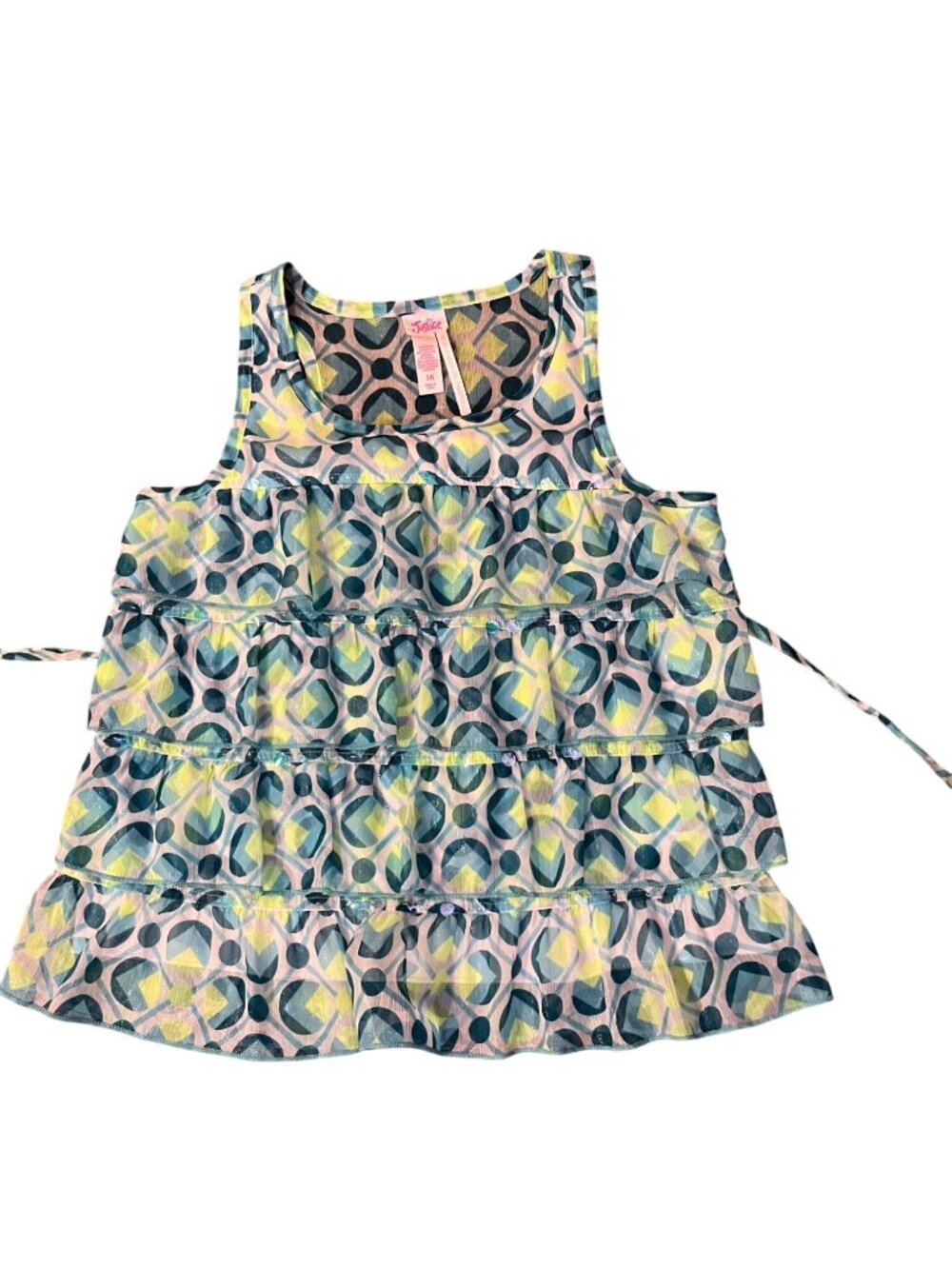 Justice Girls 16 Sleeveless Tiered Blouse Blue Lime Shimmer Ruffle Top Used - Picture 8 of 16